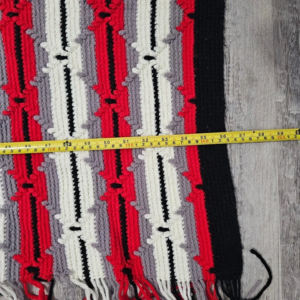 Handmade Crochet Throw Blanket Red Grey White Black Geometric Fringe 67x57‎